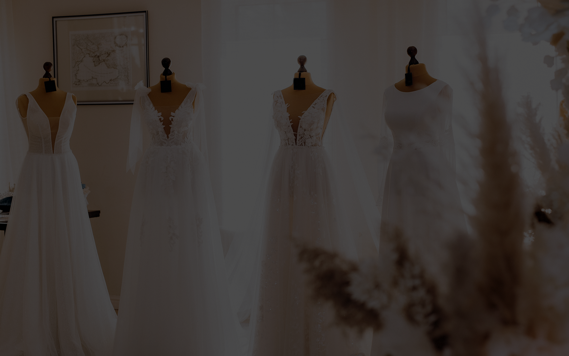 Elegant bridal gowns on display after laundry showcasing bridal services