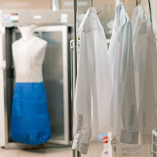 White shirts hanging after dry cleaning, at a dry cleaner